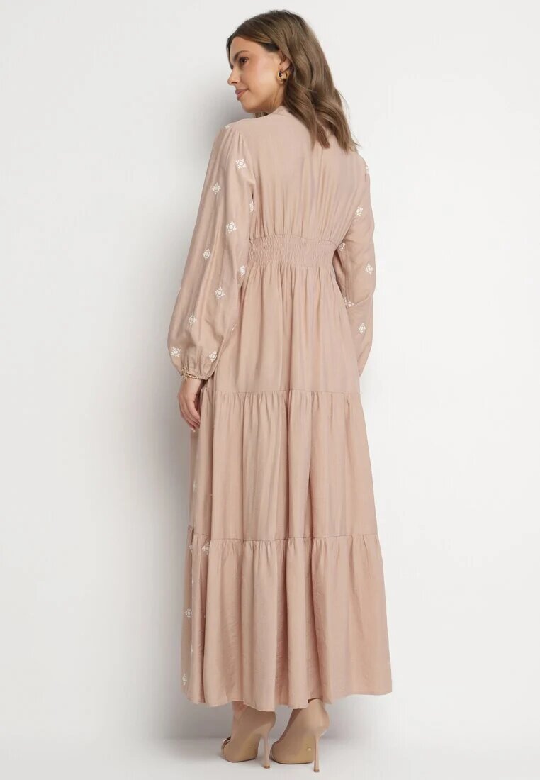 maja studio Rochie Bej din Vâscoză cu Croi Evazat cu Broderie Decorativă Nalariel