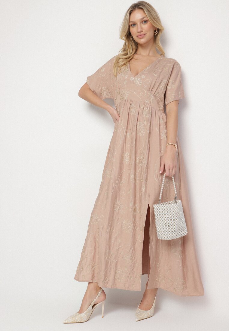 maja studio Rochie Bej din Vâscoză cu Fir Metalic și Broderie Nelvesia