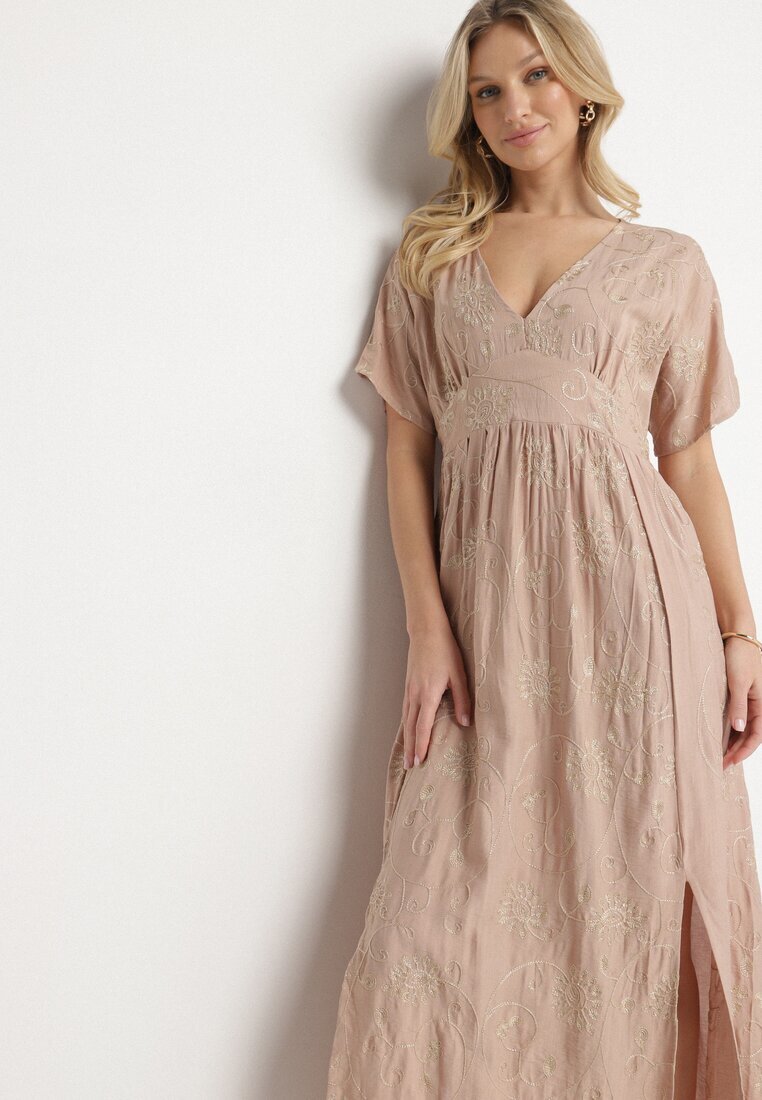 maja studio Rochie Bej din Vâscoză cu Fir Metalic și Broderie Nelvesia
