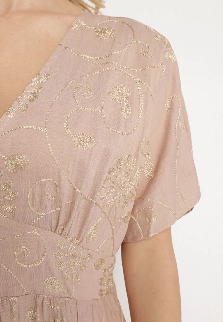 maja studio Rochie Bej din Vâscoză cu Fir Metalic și Broderie Nelvesia
