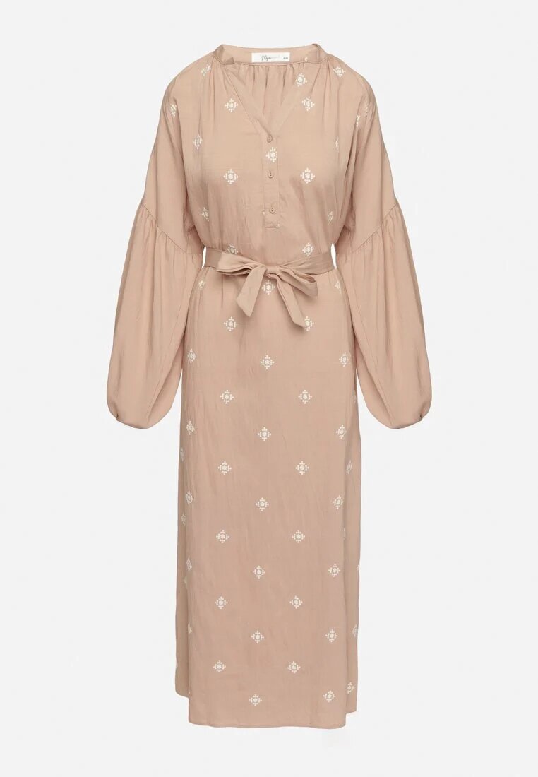 maja studio Rochie bej din viscoză croi oversize cu broderie decorativă Naleniel