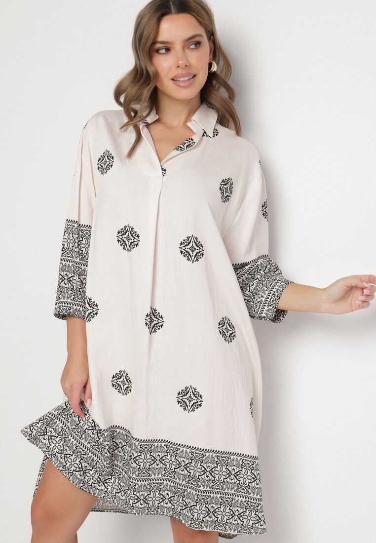 maja studio Rochie bej din viscoză decorată cu model geometric Nalanessa