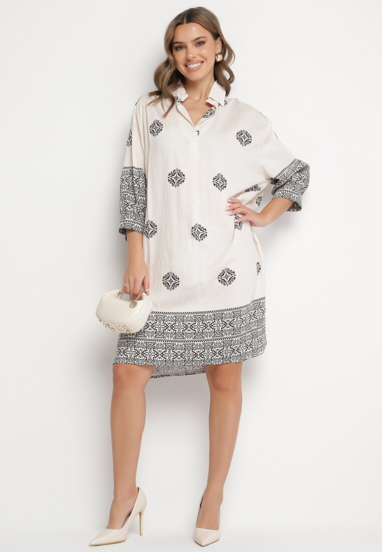maja studio Rochie bej din viscoză decorată cu model geometric Nalanessa