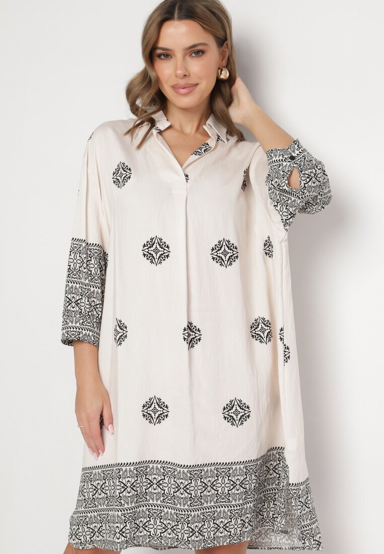 maja studio Rochie bej din viscoză decorată cu model geometric Nalanessa