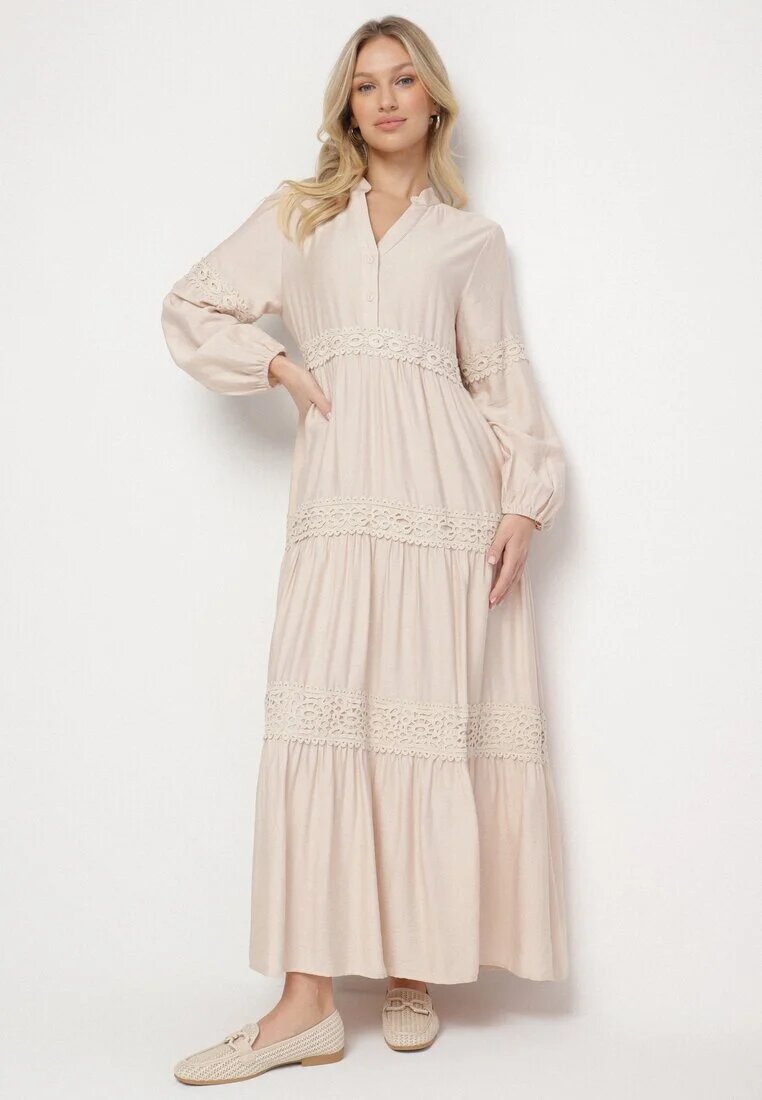 maja studio Rochie Bej Evazată din Viscoză Decorată cu Dantelă Gonireth