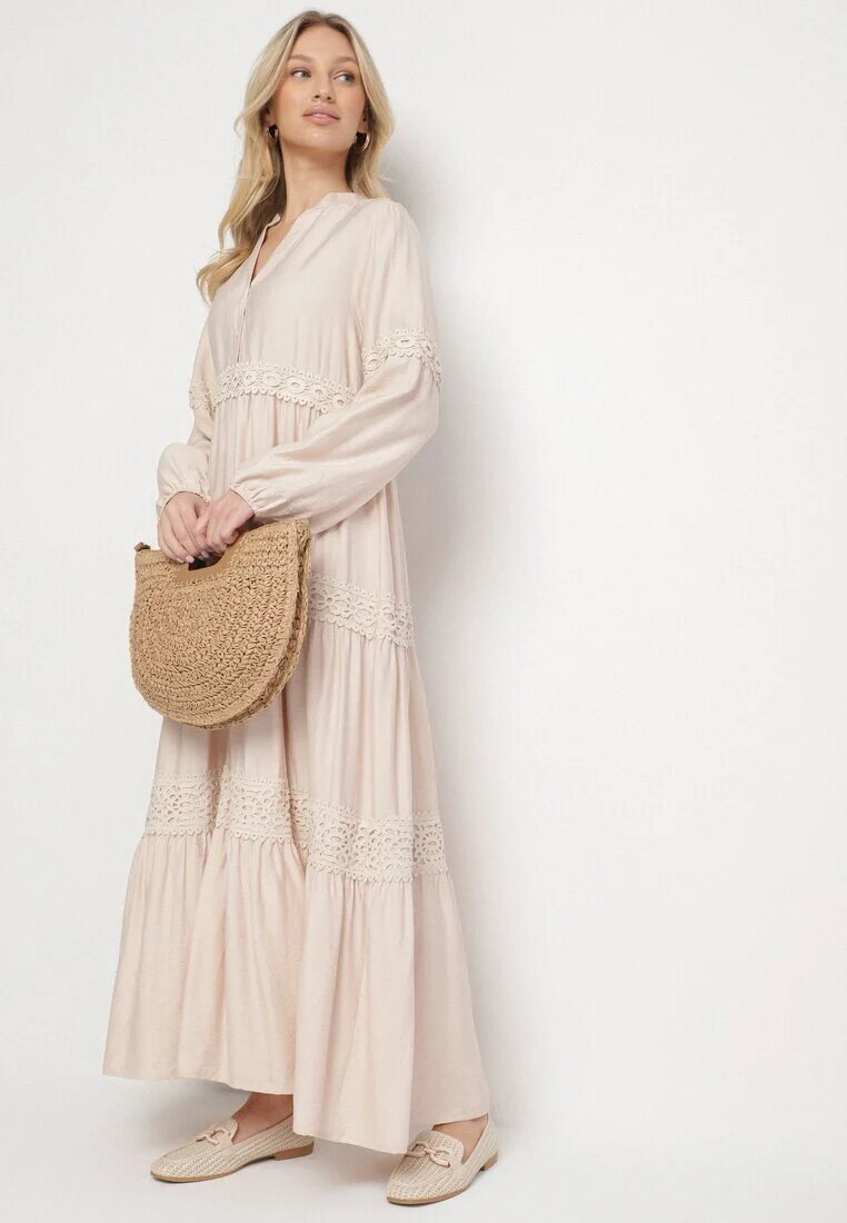 maja studio Rochie Bej Evazată din Viscoză Decorată cu Dantelă Gonireth