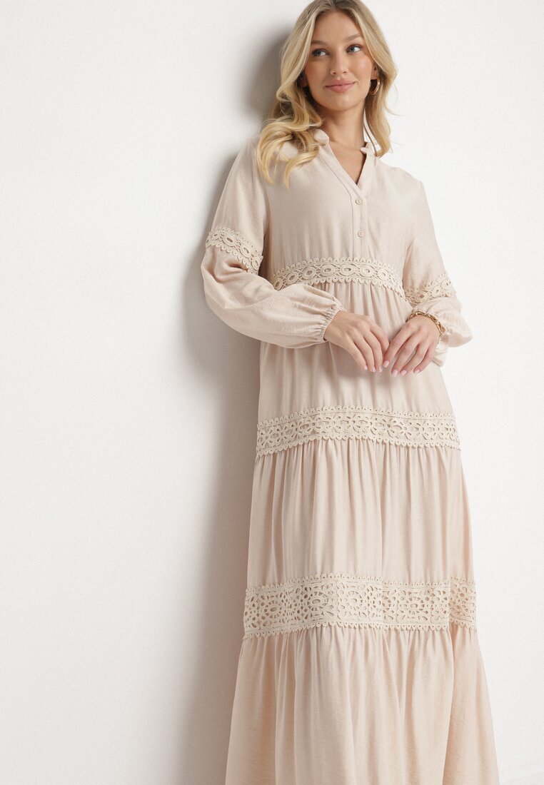 maja studio Rochie Bej Evazată din Viscoză Decorată cu Dantelă Gonireth