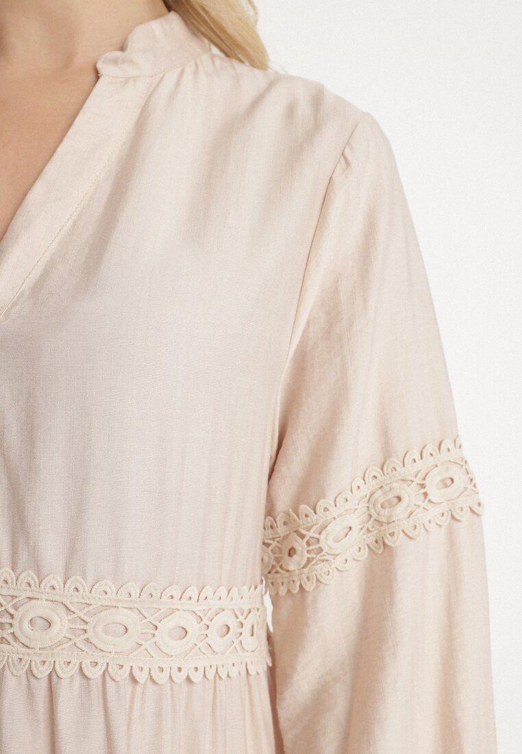 maja studio Rochie Bej Evazată din Viscoză Decorată cu Dantelă Gonireth