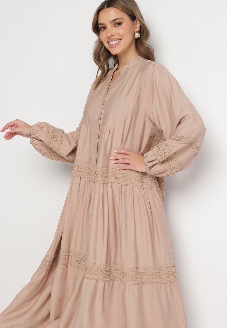 maja studio Rochie Bej închis Evazată din Viscoză cu Inserții din Dantelă Nalanieth
