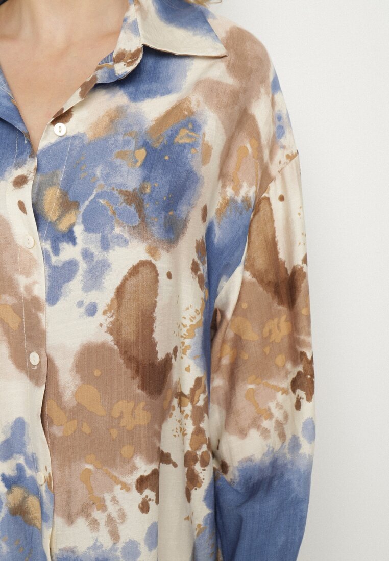 maja studio Rochie Cămașă Albastră Oversize din Viscoză cu Imprimeu Abstract Gonania