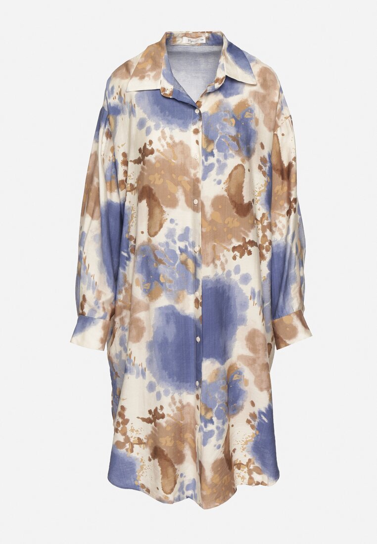 maja studio Rochie Cămașă Albastră Oversize din Viscoză cu Imprimeu Abstract Gonania