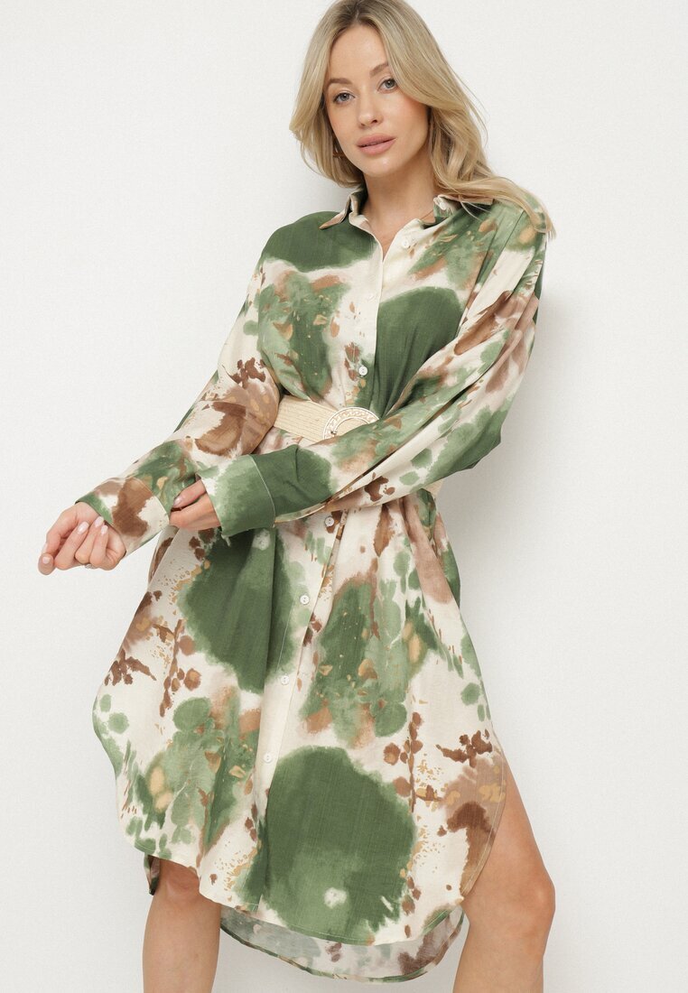 maja studio Rochie cămașă Verde Oversize din Viscoză cu Model Abstract Gonania
