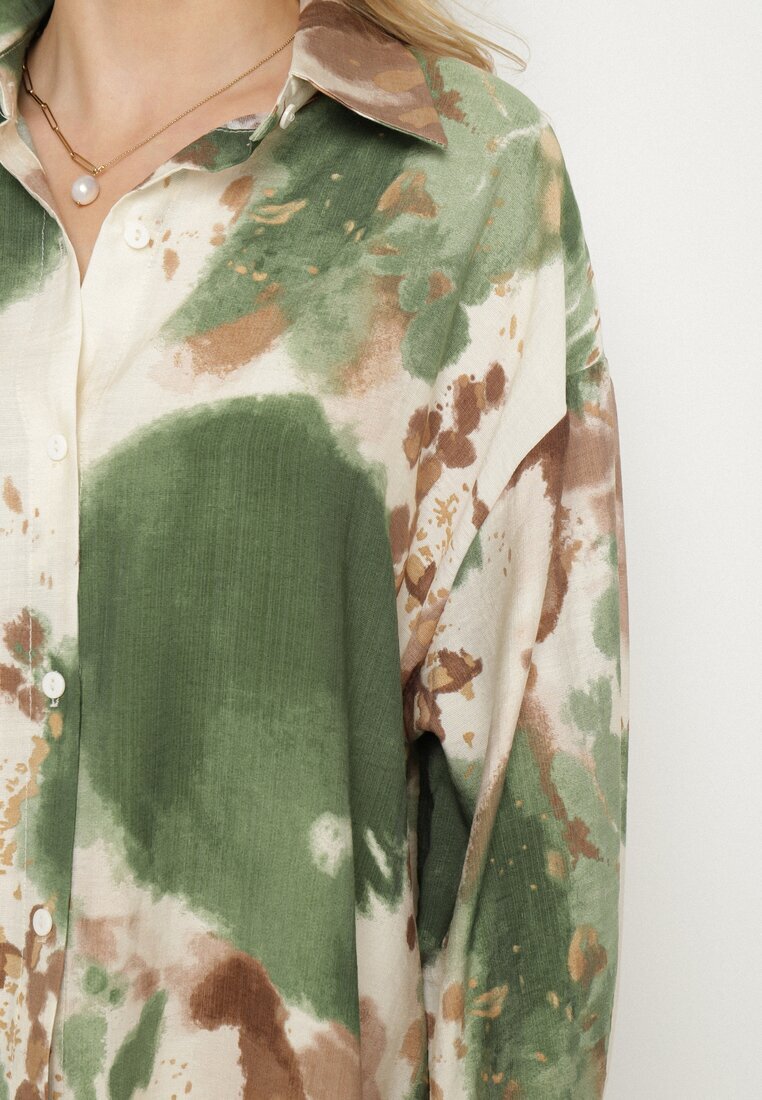 maja studio Rochie cămașă Verde Oversize din Viscoză cu Model Abstract Gonania