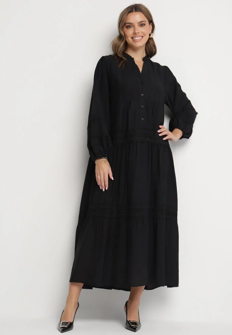 maja studio Rochie Cloș Neagră din Viscoză cu Inserții din Dantelă Nalanieth