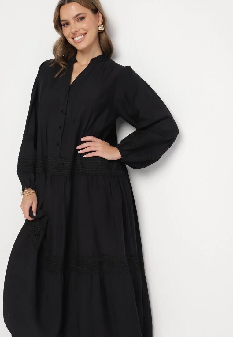 maja studio Rochie Cloș Neagră din Viscoză cu Inserții din Dantelă Nalanieth