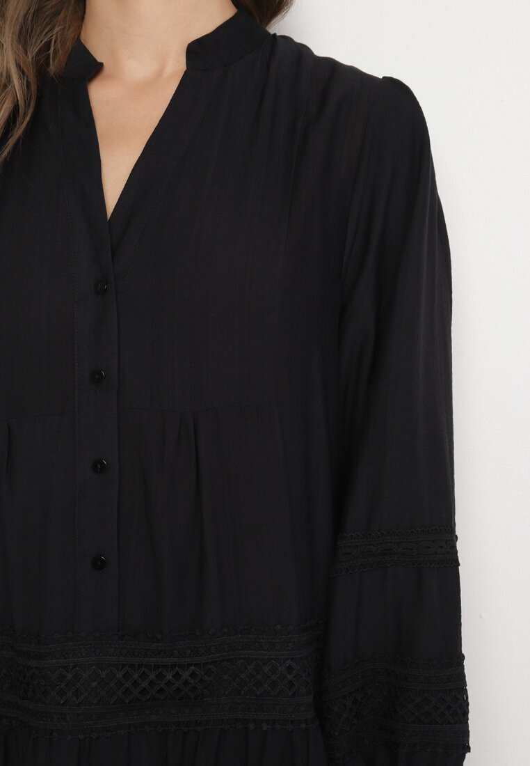 maja studio Rochie Cloș Neagră din Viscoză cu Inserții din Dantelă Nalanieth