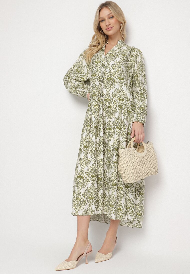 maja studio Rochie Cloș Verde din Viscoză cu Model Ornamental Gonavina