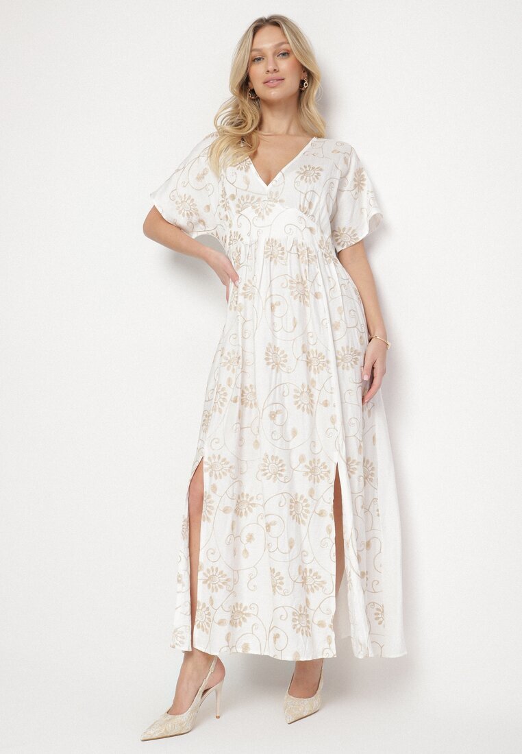 maja studio Rochie din viscoză Albă cu fir metalic și Broderie Nelvesia