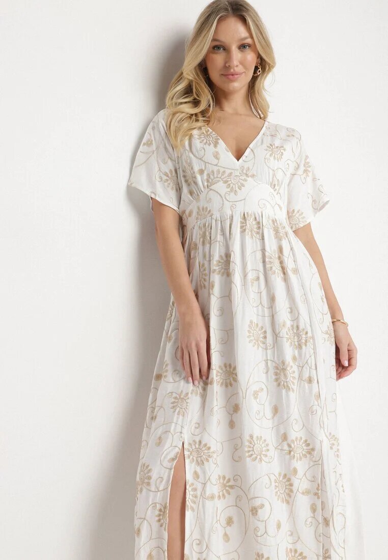maja studio Rochie din viscoză Albă cu fir metalic și Broderie Nelvesia