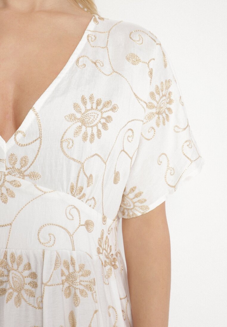 maja studio Rochie din viscoză Albă cu fir metalic și Broderie Nelvesia