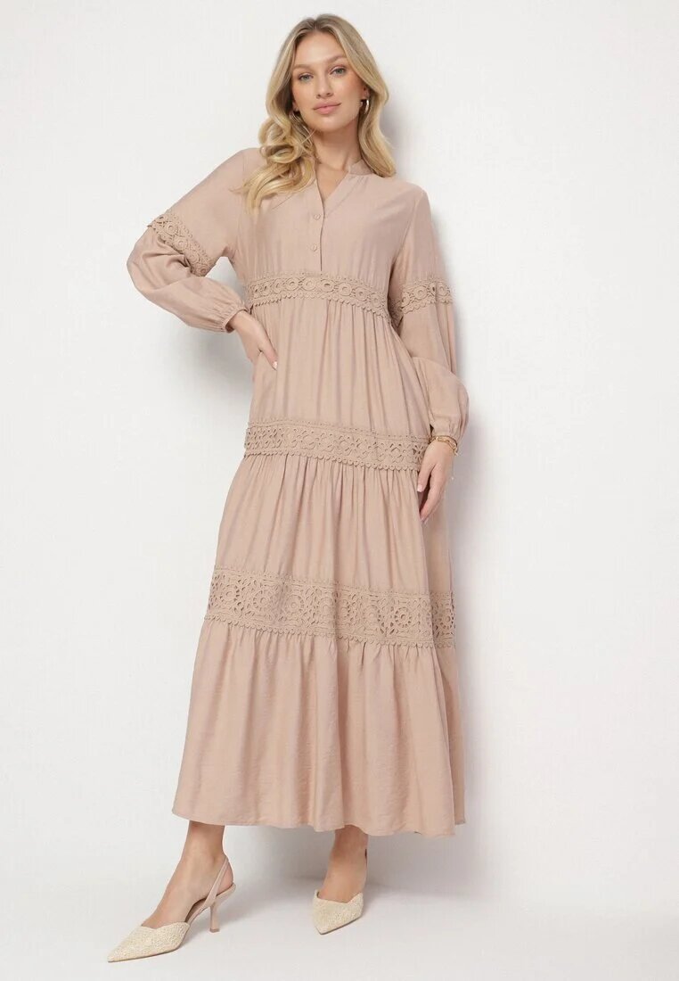 maja studio Rochie Evazată Bej închis din Viscoză Decorată cu Dantelă Gonireth