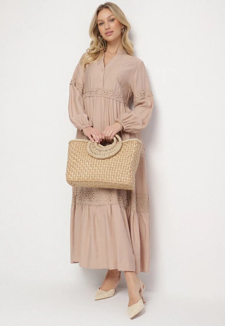 maja studio Rochie Evazată Bej închis din Viscoză Decorată cu Dantelă Gonireth