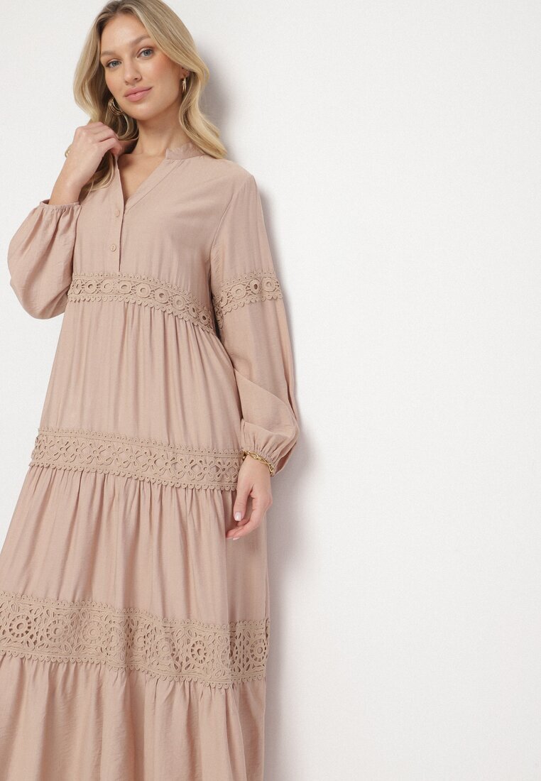 maja studio Rochie Evazată Bej închis din Viscoză Decorată cu Dantelă Gonireth