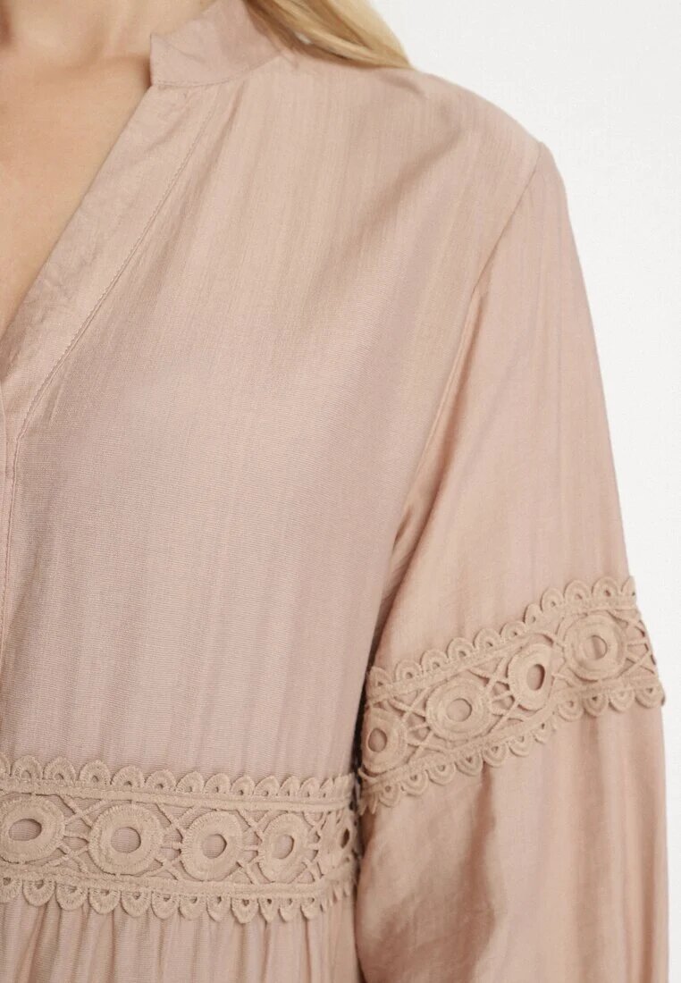 maja studio Rochie Evazată Bej închis din Viscoză Decorată cu Dantelă Gonireth