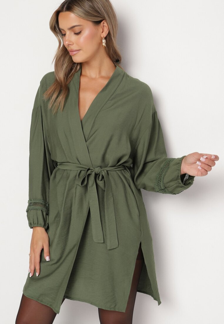 maja studio Rochie Kimono de Vâscoză Verde cu Buzunare și Inserții Ajurate Decorative Salanora