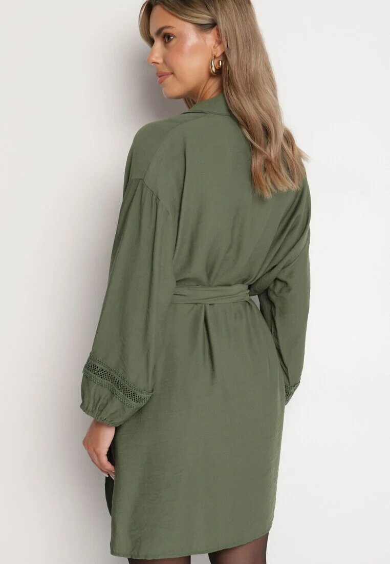 maja studio Rochie Kimono de Vâscoză Verde cu Buzunare și Inserții Ajurate Decorative Salanora