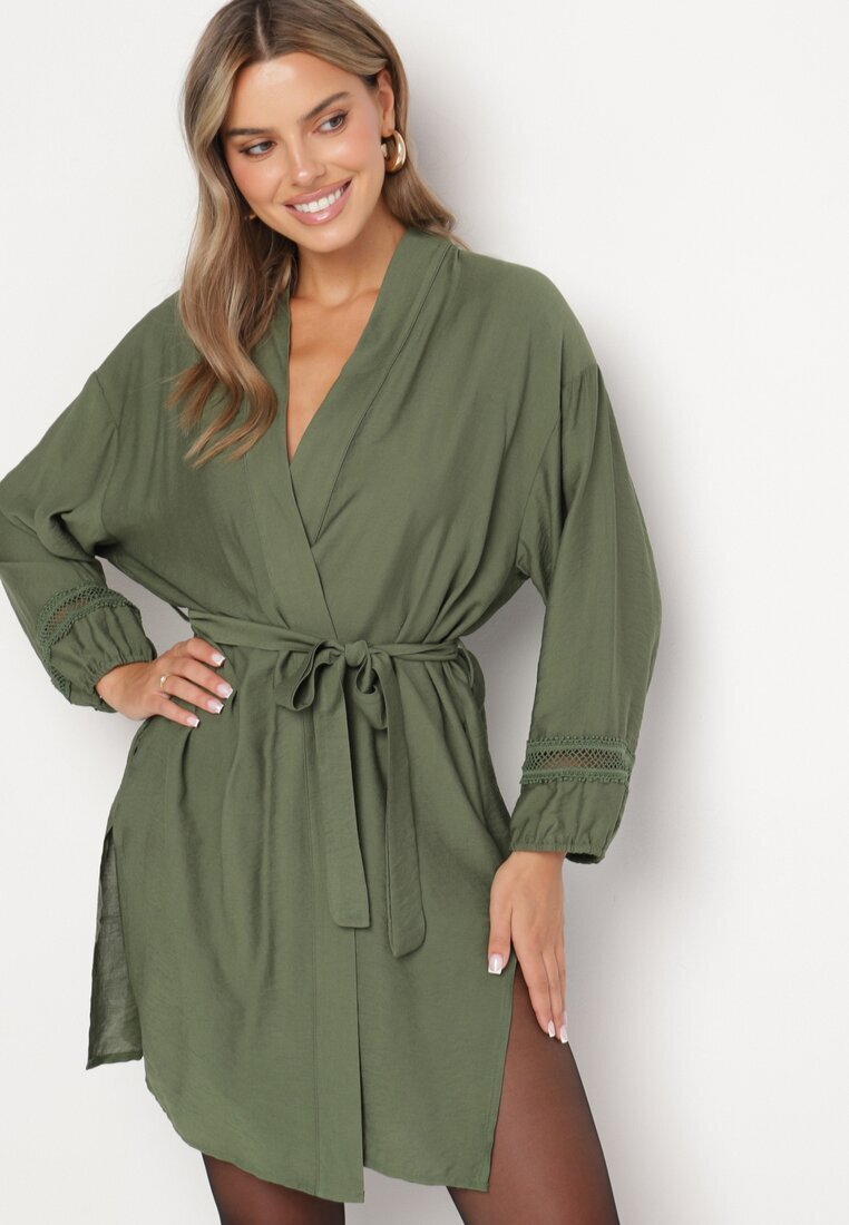 maja studio Rochie Kimono de Vâscoză Verde cu Buzunare și Inserții Ajurate Decorative Salanora
