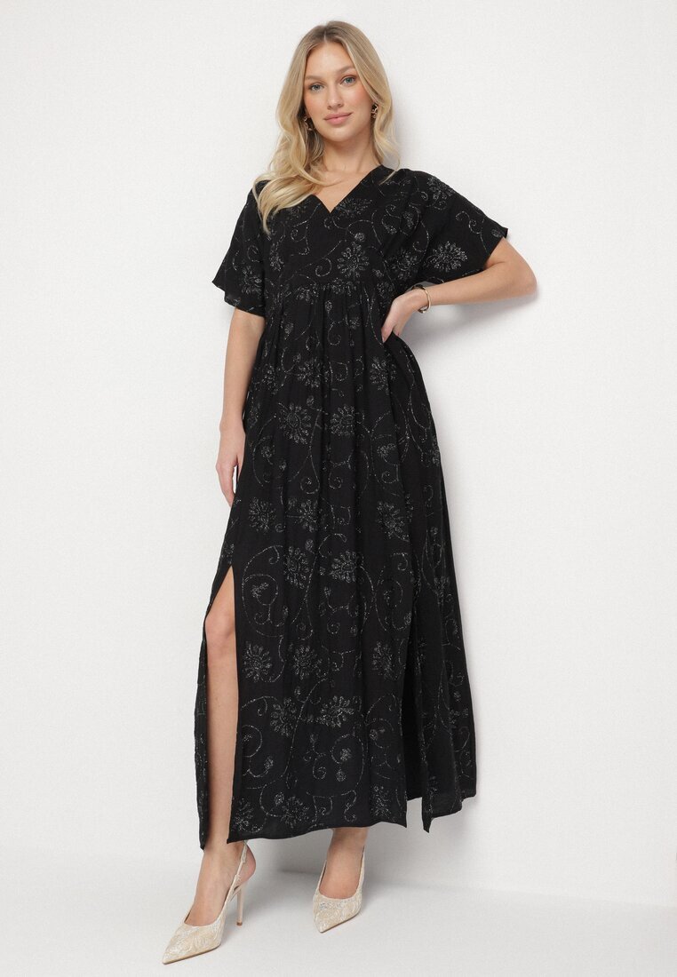 maja studio Rochie Neagră de Viscoză cu Fir Metalic și Broderie Nelvesia