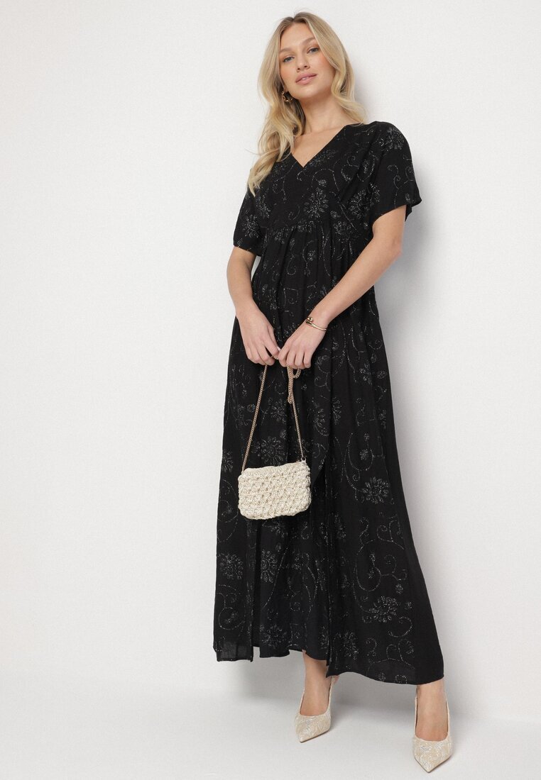 maja studio Rochie Neagră de Viscoză cu Fir Metalic și Broderie Nelvesia