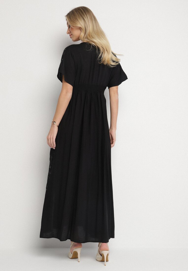 maja studio Rochie Neagră de Viscoză cu Fir Metalic și Broderie Nelvesia