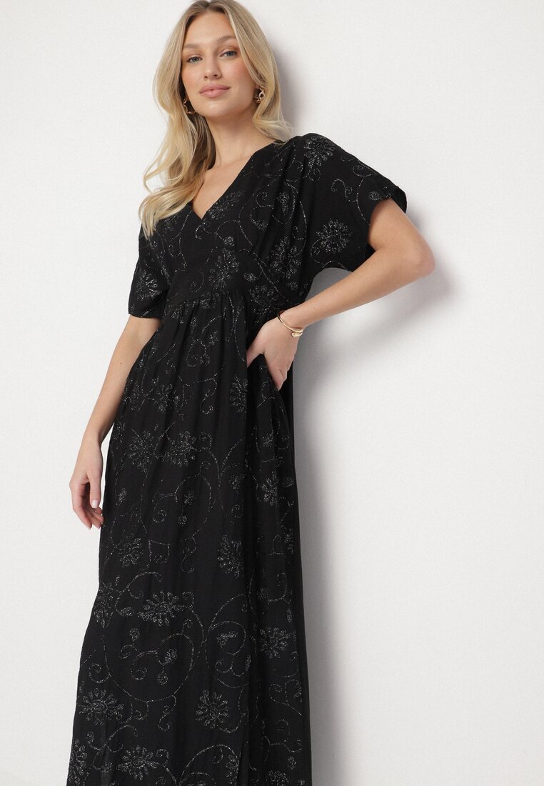maja studio Rochie Neagră de Viscoză cu Fir Metalic și Broderie Nelvesia