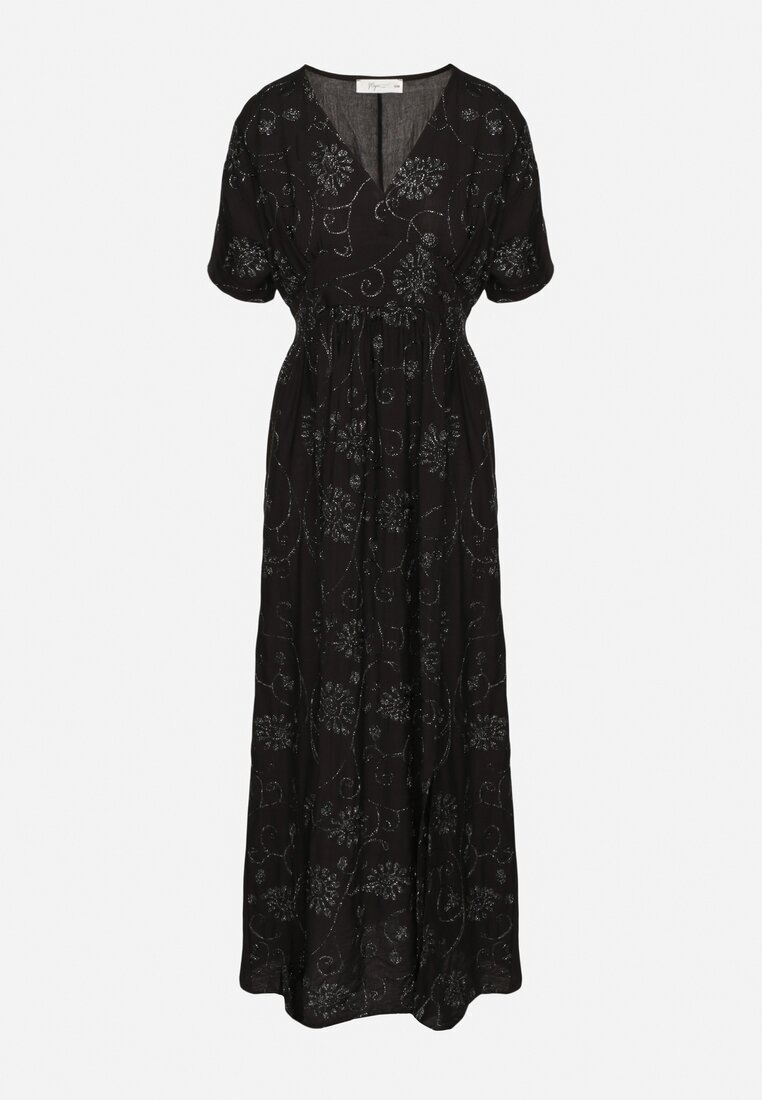 maja studio Rochie Neagră de Viscoză cu Fir Metalic și Broderie Nelvesia