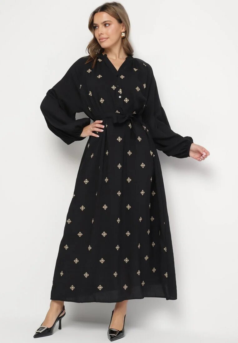 maja studio Rochie Neagră din Vâscoză cu Croi Oversize cu Broderie Decorativă Naleniel