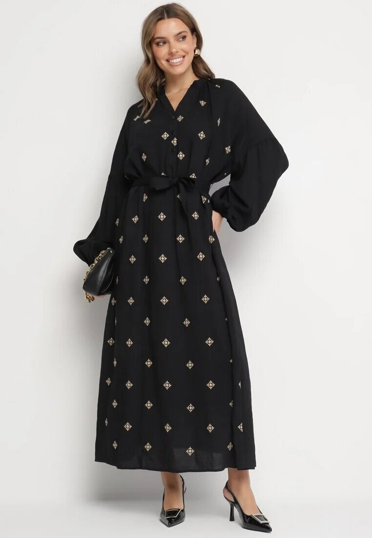 maja studio Rochie Neagră din Vâscoză cu Croi Oversize cu Broderie Decorativă Naleniel