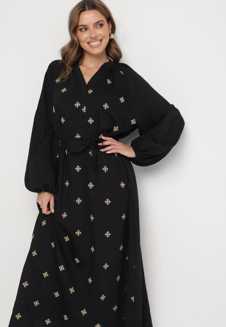 maja studio Rochie Neagră din Vâscoză cu Croi Oversize cu Broderie Decorativă Naleniel