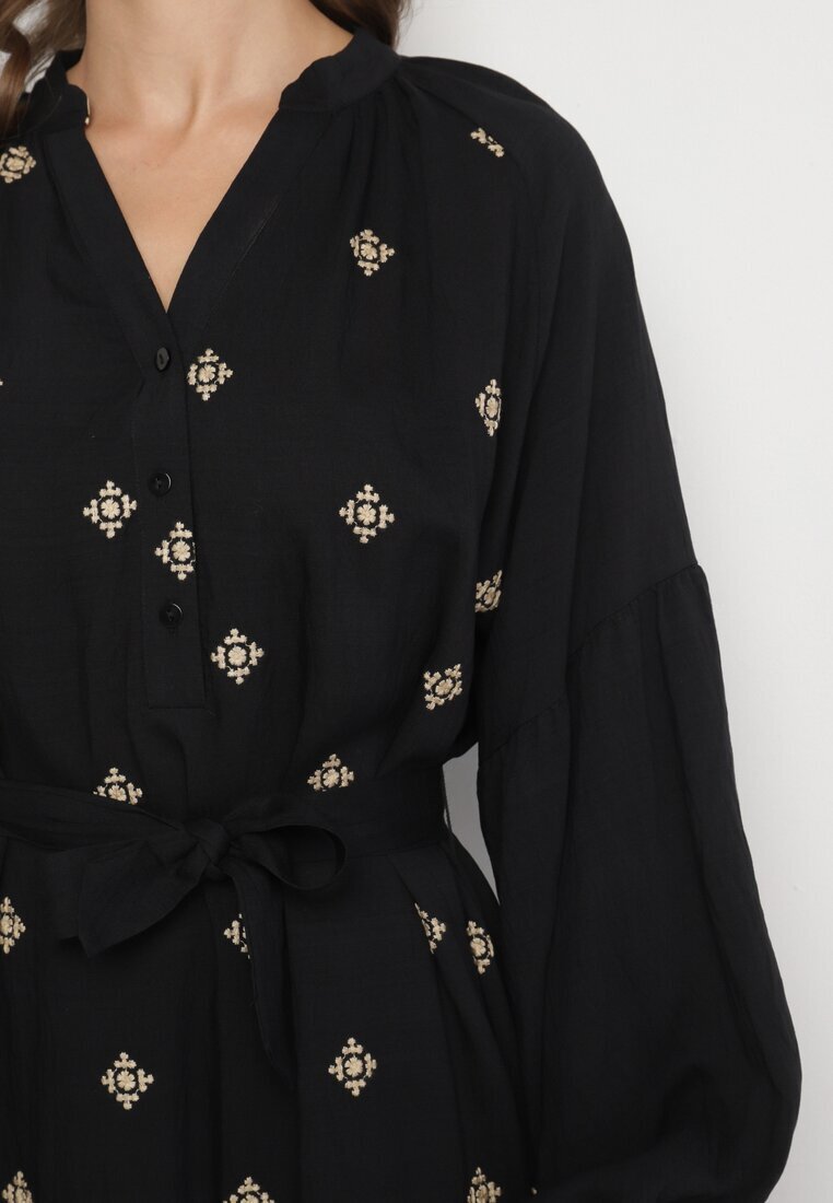 maja studio Rochie Neagră din Vâscoză cu Croi Oversize cu Broderie Decorativă Naleniel