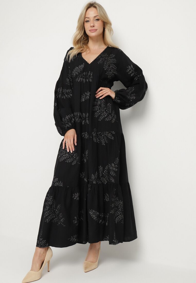 maja studio Rochie Neagră din Viscoză Cloș cu Broderii Metalice Fennala