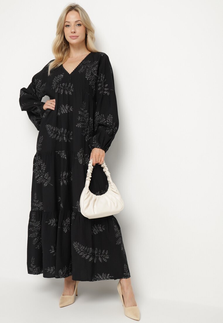 maja studio Rochie Neagră din Viscoză Cloș cu Broderii Metalice Fennala