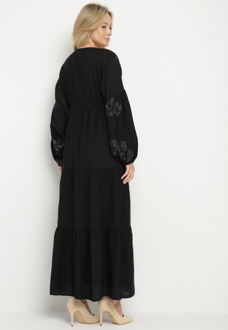 maja studio Rochie Neagră din Viscoză Cloș cu Broderii Metalice Fennala