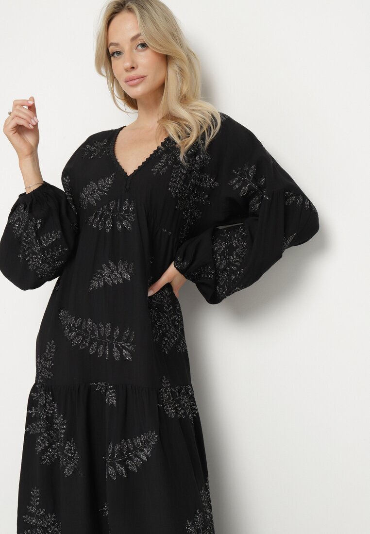maja studio Rochie Neagră din Viscoză Cloș cu Broderii Metalice Fennala