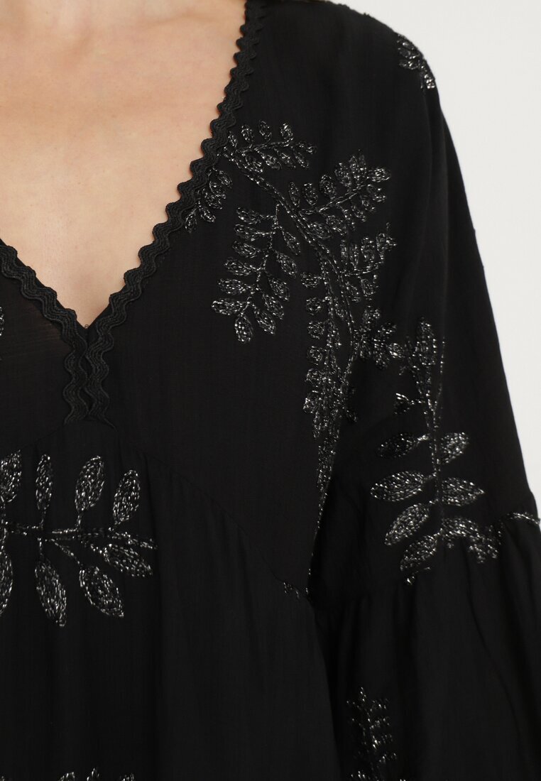maja studio Rochie Neagră din Viscoză Cloș cu Broderii Metalice Fennala
