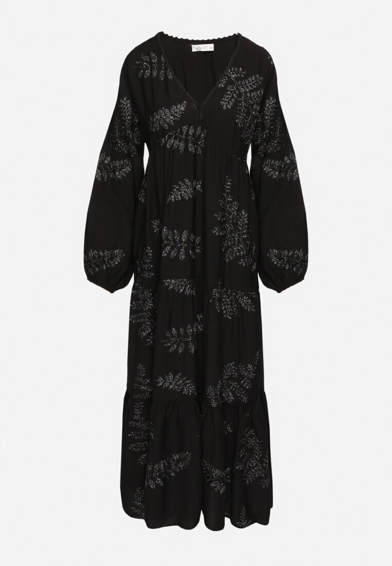 maja studio Rochie Neagră din Viscoză Cloș cu Broderii Metalice Fennala