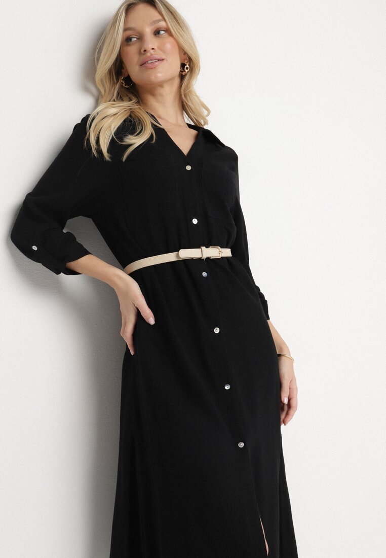 maja studio Rochie Neagră Tip cămașă cu In și Viscoză cu Mâneci Reglabile Melvezia