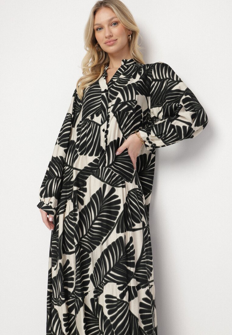 maja studio Rochie Neagră Viscoză Evazată cu Imprimeu Frunze Rivvesa