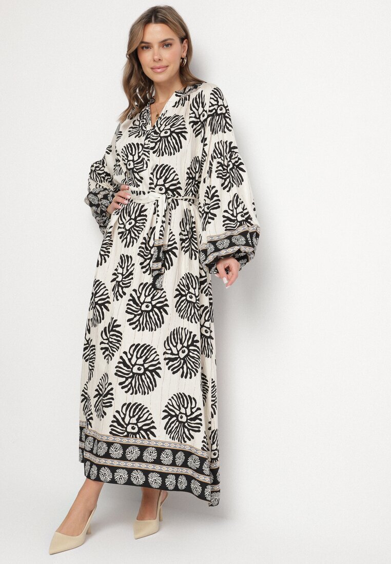 maja studio Rochie Neagră Viscoză Oversize cu Model Etnic cu Curea Legată Florseki