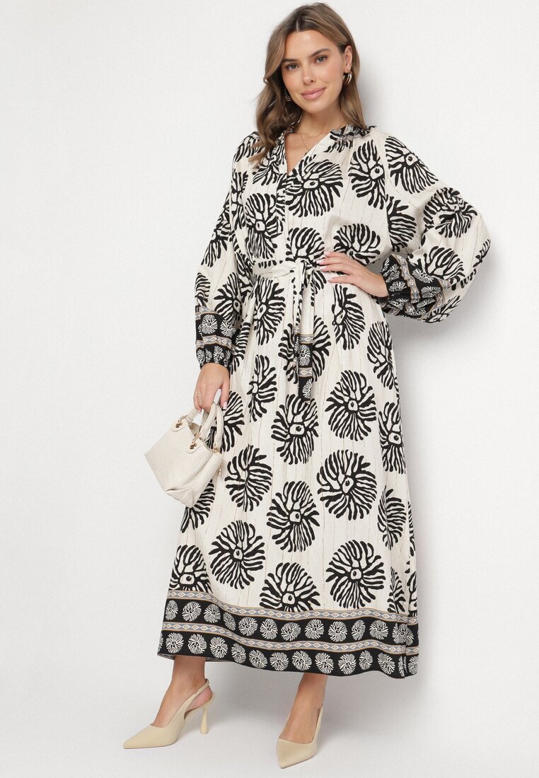 maja studio Rochie Neagră Viscoză Oversize cu Model Etnic cu Curea Legată Florseki